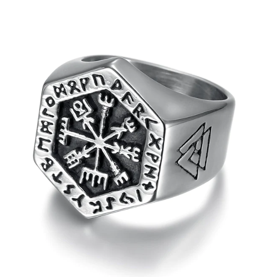 Vegvisir Oath: Valknut Rune Guardian Ring