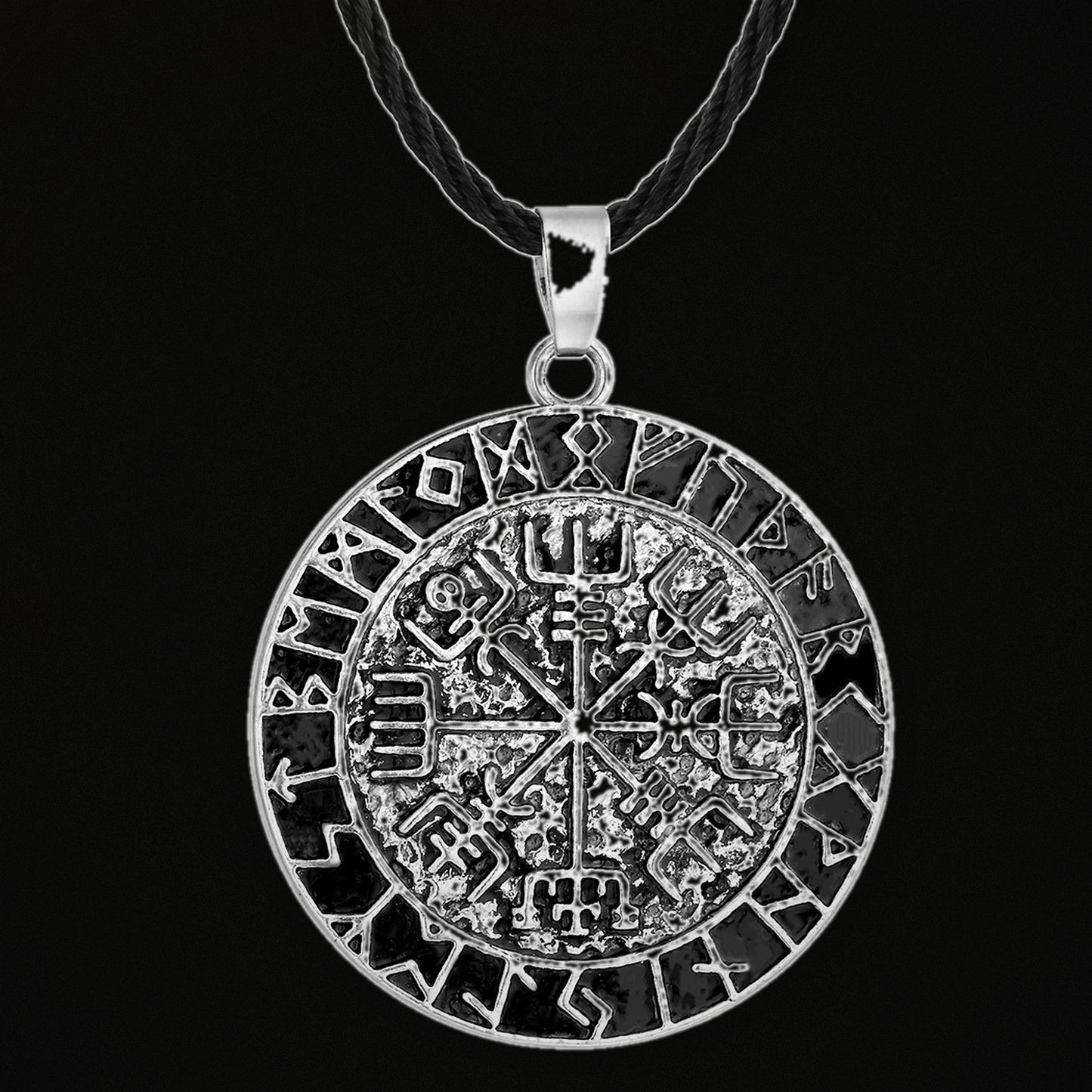 Futhark Compass silver rune guidance necklace on dark Vana Soul background