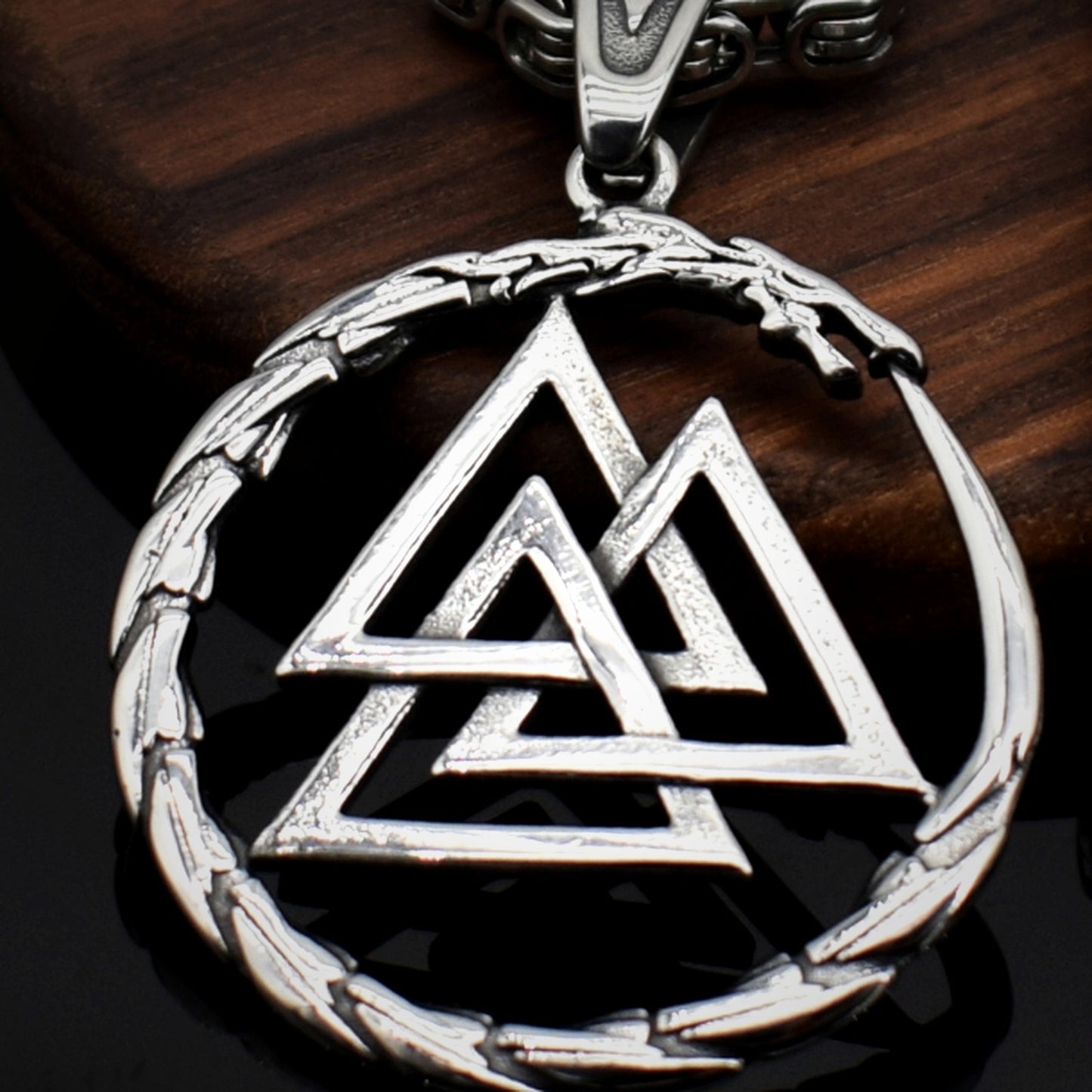 Valknut Oath Norse fate amulet necklace close-up