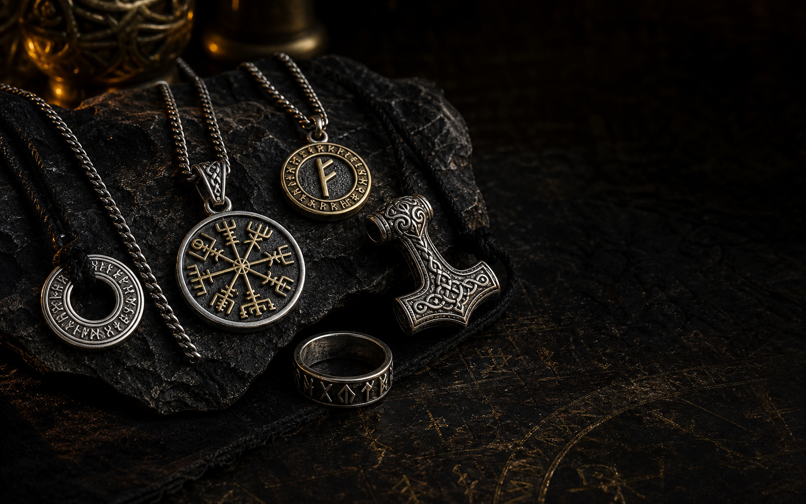 Rune amulet necklaces and ring on dark stone
